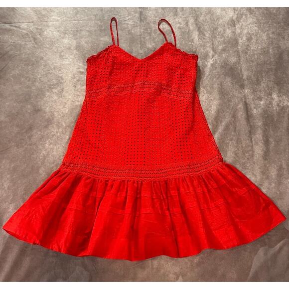 J.Crew Women's Red Eyelet Ruffle Hem Spaghetti Strap Fit & Flared Dress Size 2 - Picture 2 of 8